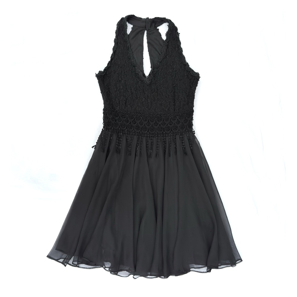 Vintage 90s SAM USA Black Lacy Embroidered Fringe Goth Homecoming Party Dress